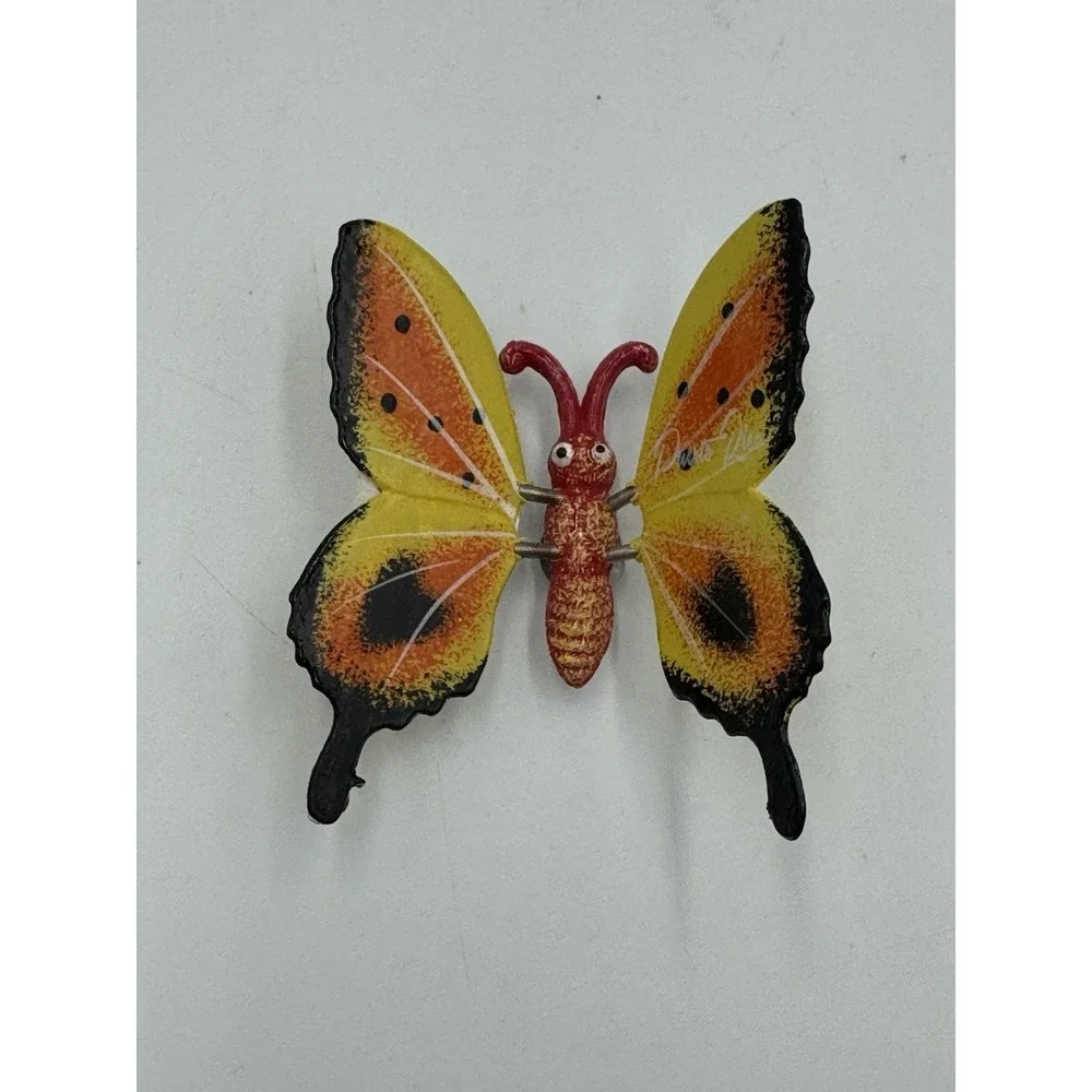 Vintage Butterfly Refrigerator Magnet Yellow Red Flutter Wings Hand Painted 2in